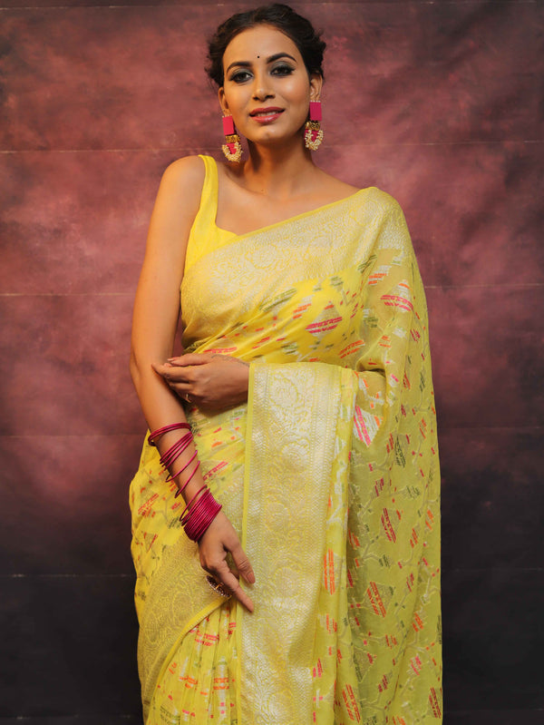 Banarasee Handwoven Semi Silk Saree With Zari & Resham Work-Yellow