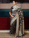 Banarasee Pure Chiffon Saree With Golden Zari Floral Design Border & Lace-Black
