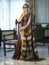 Bhagalpur Handloom Pure Linen Saree With Gold & Silver Stripes-Brown
