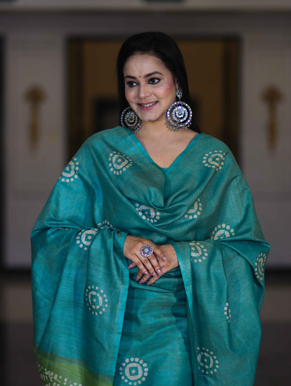 Pure Handloom Khadi Cotton Hand-Dyed Batik Pattern Salwar Kameez Dupatta Set-Green (Dual Shade)