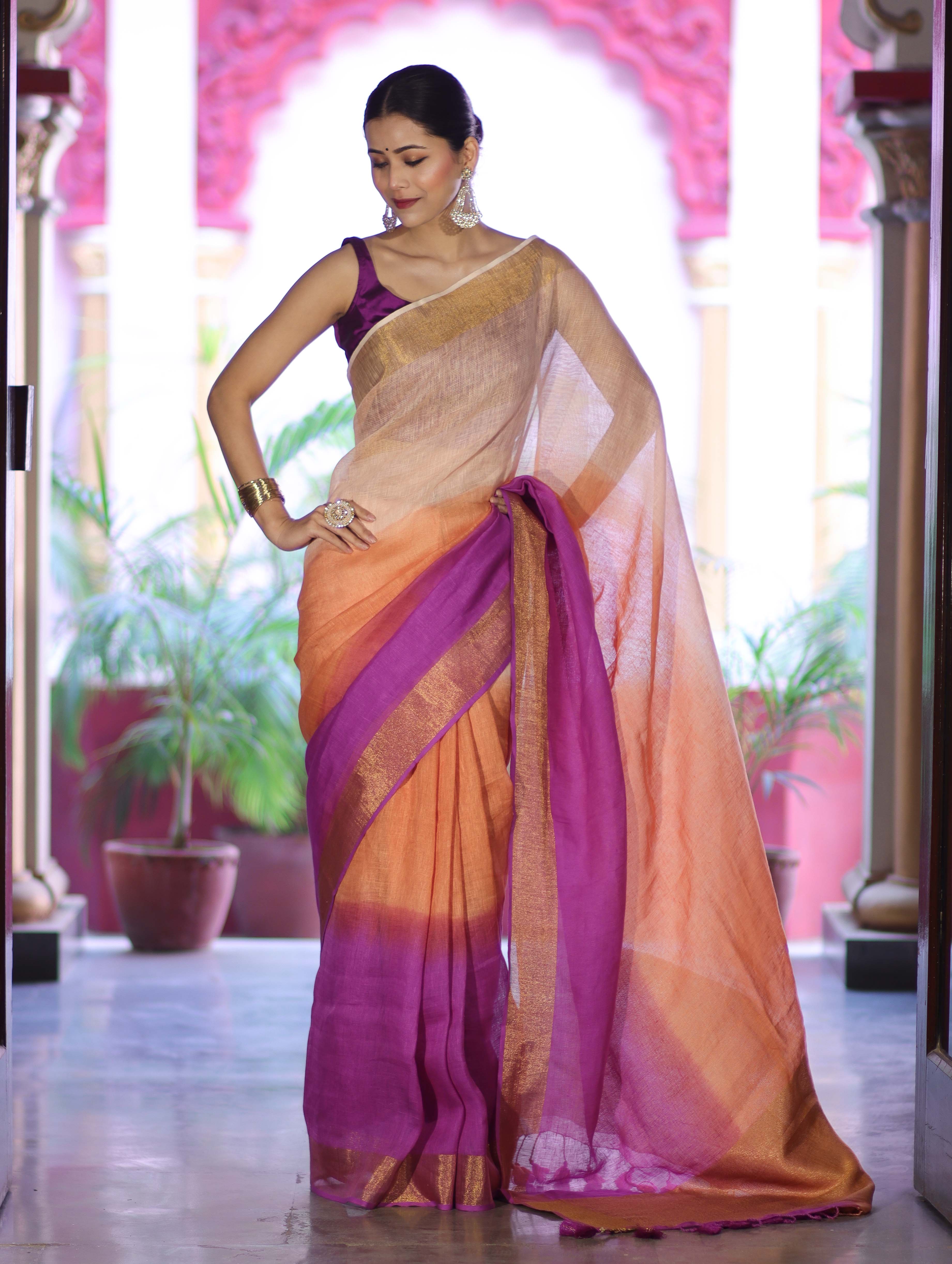 Banarasee Handloom Pure Linen Saree With Gold Zari Border-Multicolor