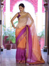 Banarasee Handloom Pure Linen Saree With Gold Zari Border-Multicolor