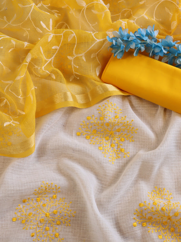 Banarasee Kota Doria Hand-Embroidered Salwar Kameez With Contrast Dupatta Set-White & Yellow