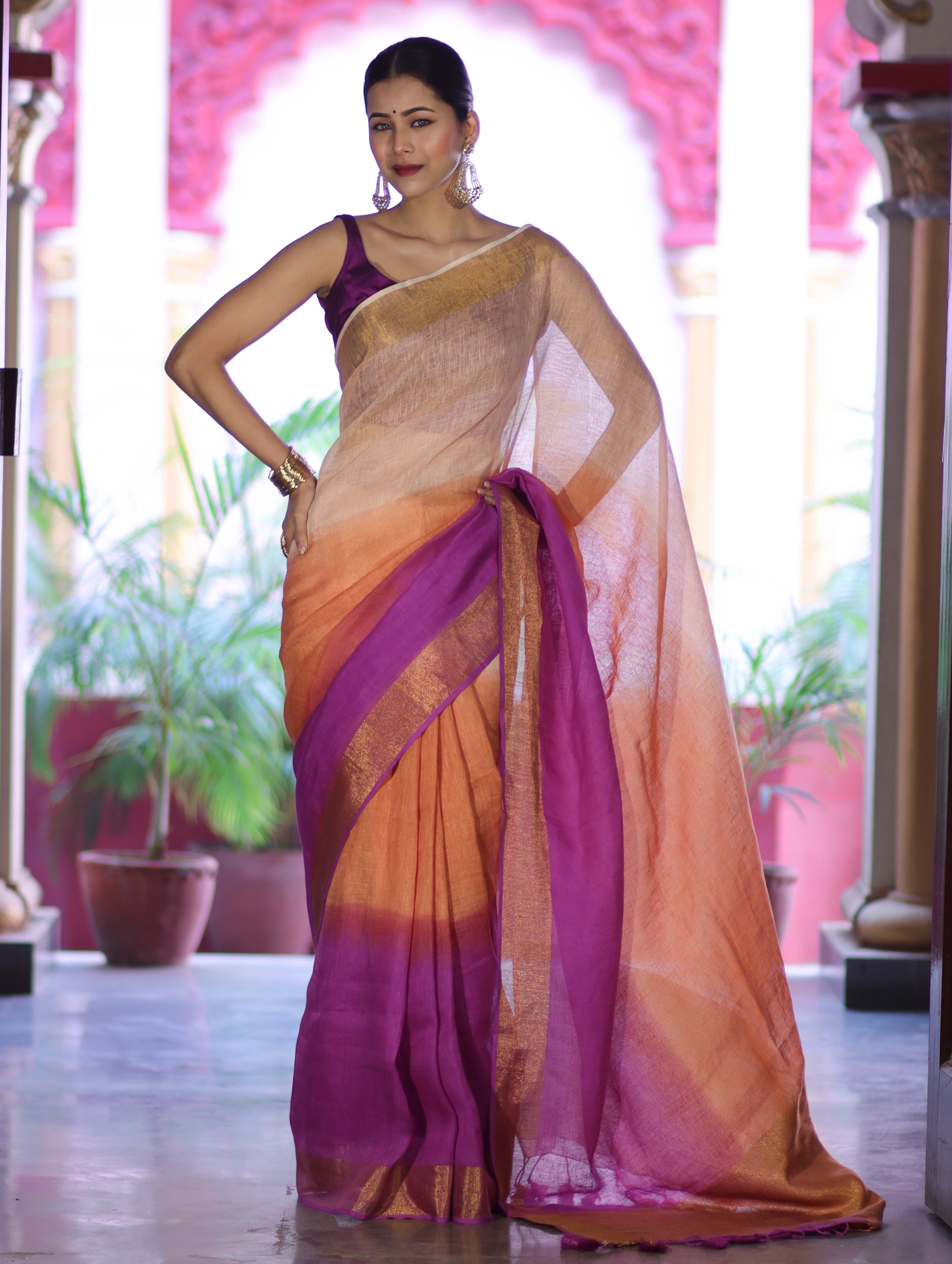 Banarasee Handloom Pure Linen Saree With Gold Zari Border-Multicolor