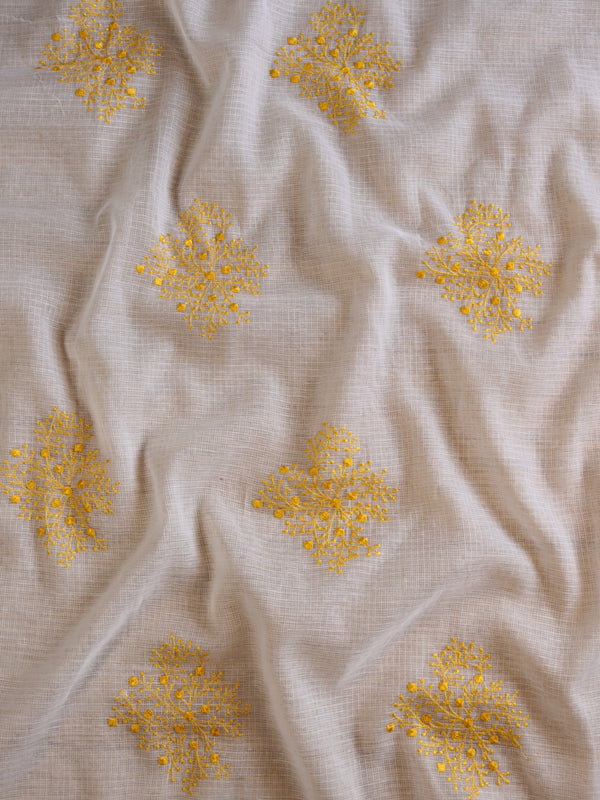 Banarasee Kota Doria Hand-Embroidered Salwar Kameez With Contrast Dupatta Set-White & Yellow