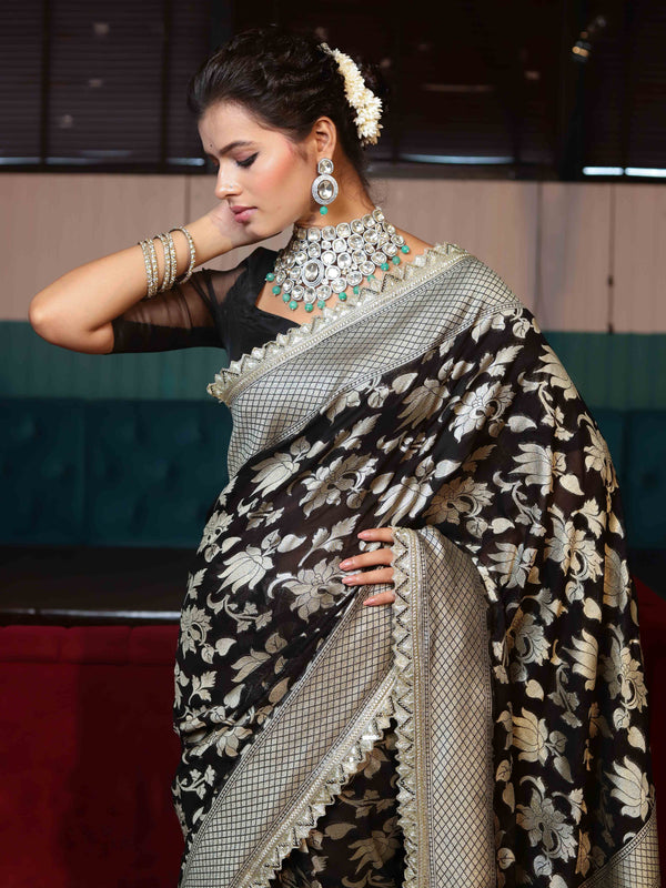 Banarasee Pure Chiffon Saree With Golden Zari Floral Design Border & Lace-Black