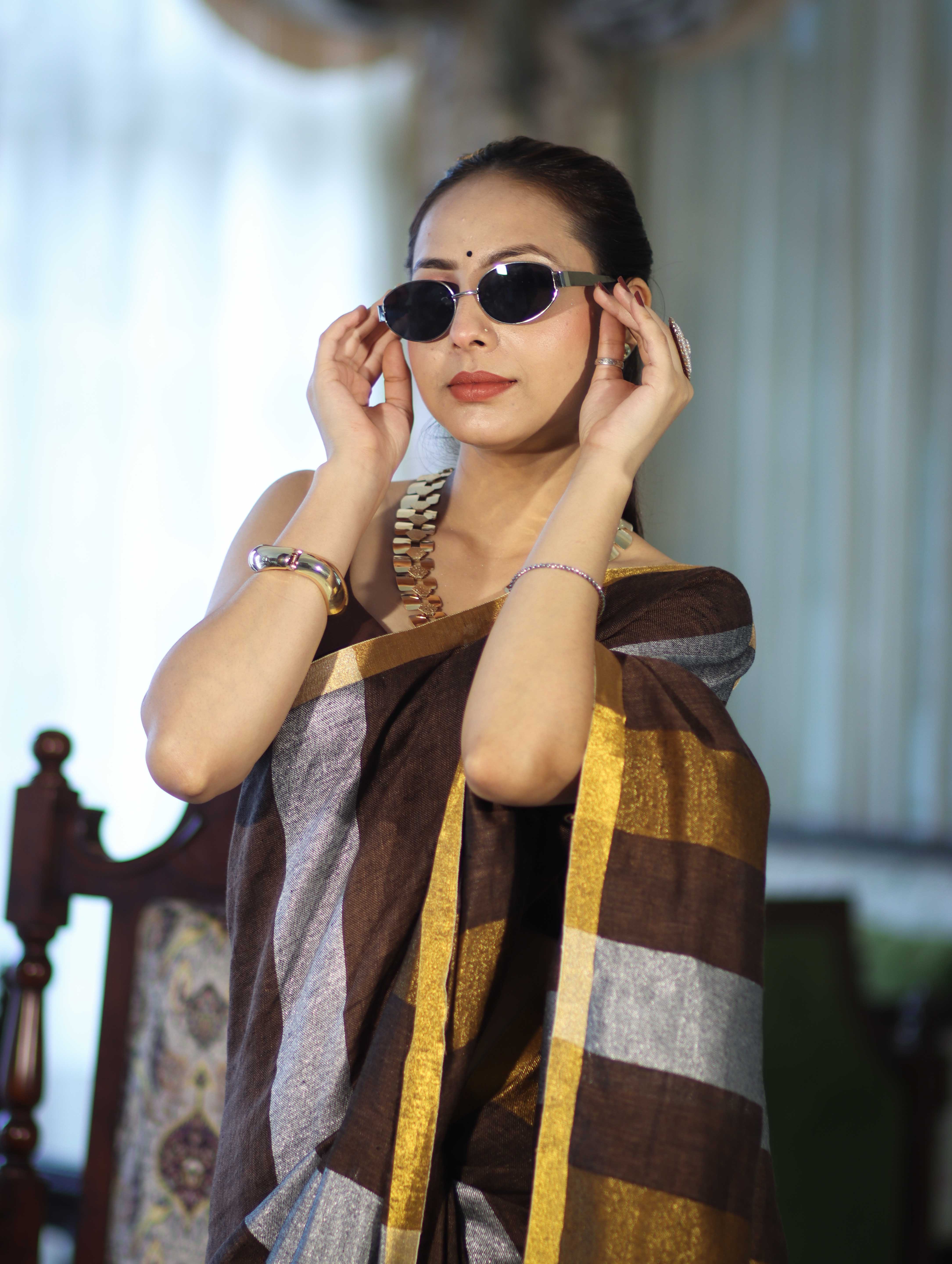 Bhagalpur Handloom Pure Linen Saree With Gold & Silver Stripes-Brown