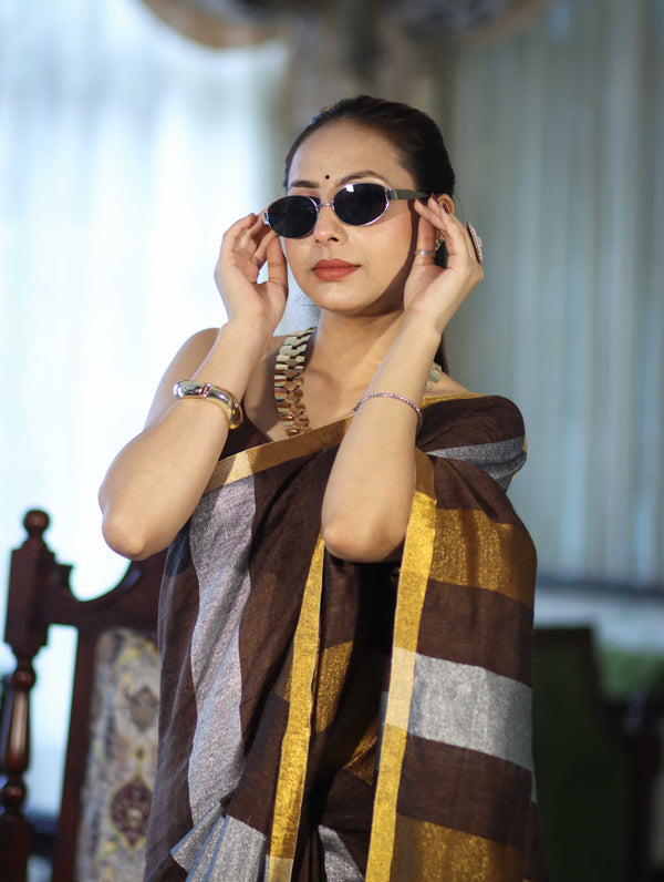 Bhagalpur Handloom Pure Linen Saree With Gold & Silver Stripes-Brown