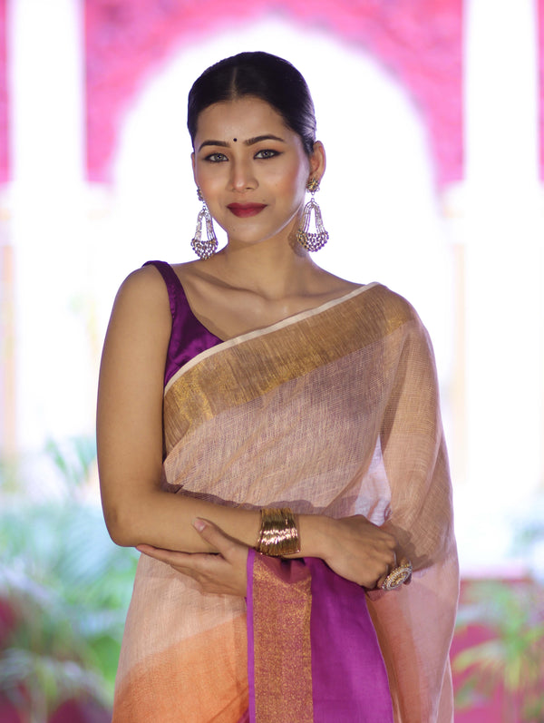 Banarasee Handloom Pure Linen Saree With Gold Zari Border-Multicolor