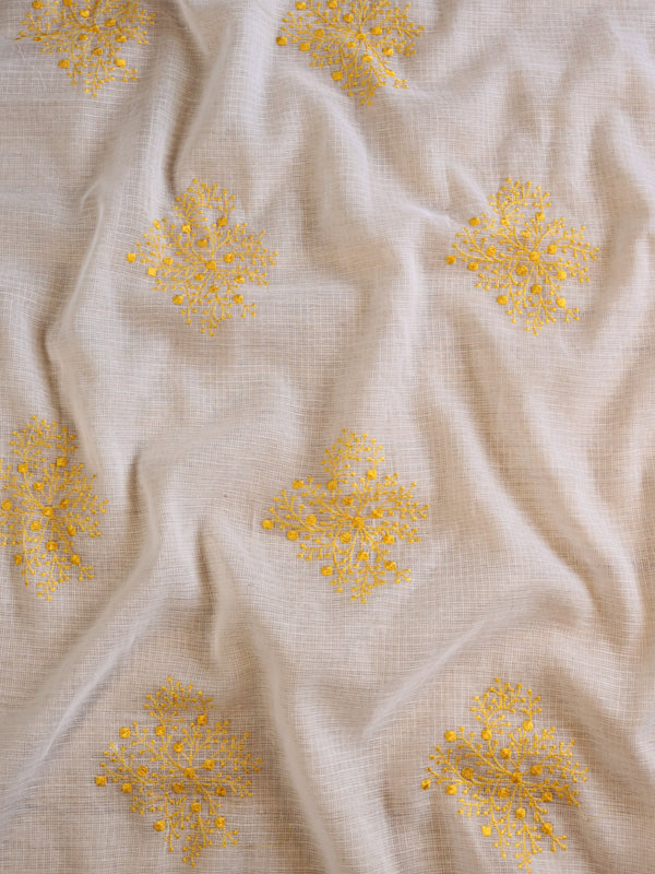 Banarasee Kota Doria Hand-Embroidered Salwar Kameez With Contrast Dupatta Set-White & Yellow