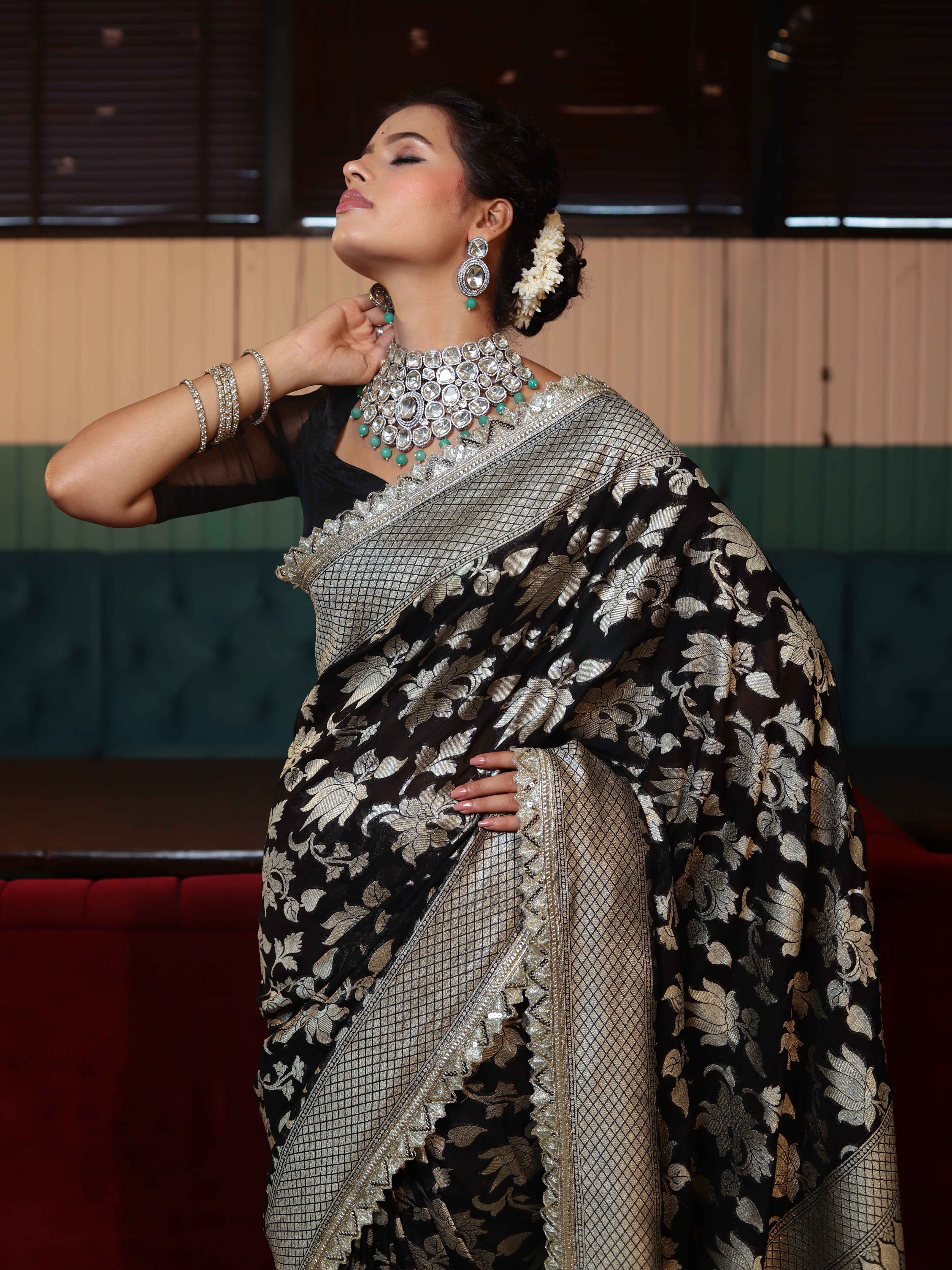 Banarasee Pure Chiffon Saree With Golden Zari Floral Design Border & Lace-Black