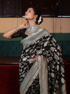 Banarasee Pure Chiffon Saree With Golden Zari Floral Design Border & Lace-Black
