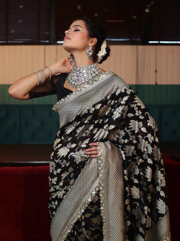 Banarasee Pure Chiffon Saree With Golden Zari Floral Design Border & Lace-Black