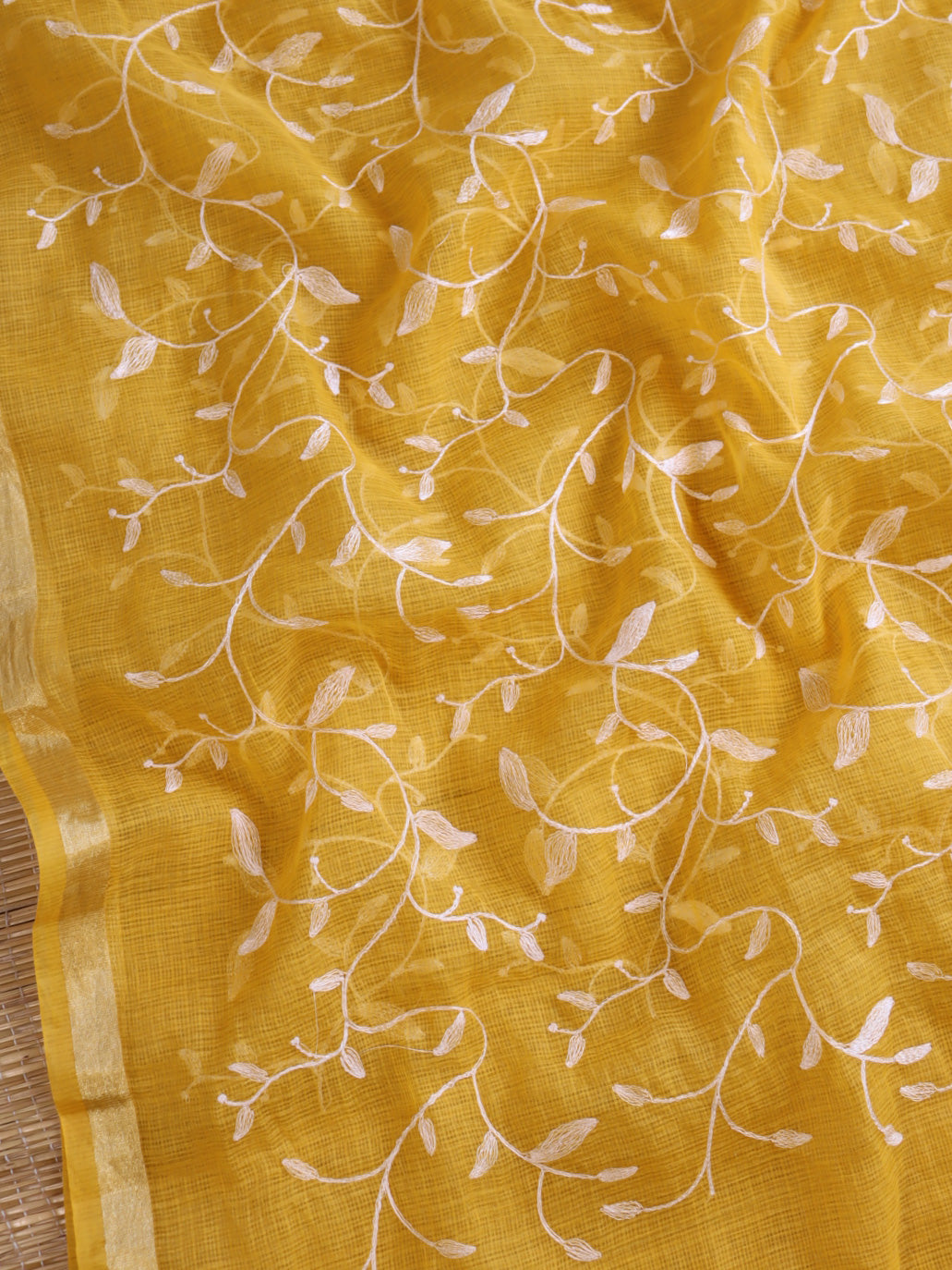 Banarasee Kota Doria Hand-Embroidered Salwar Kameez With Contrast Dupatta Set-White & Yellow