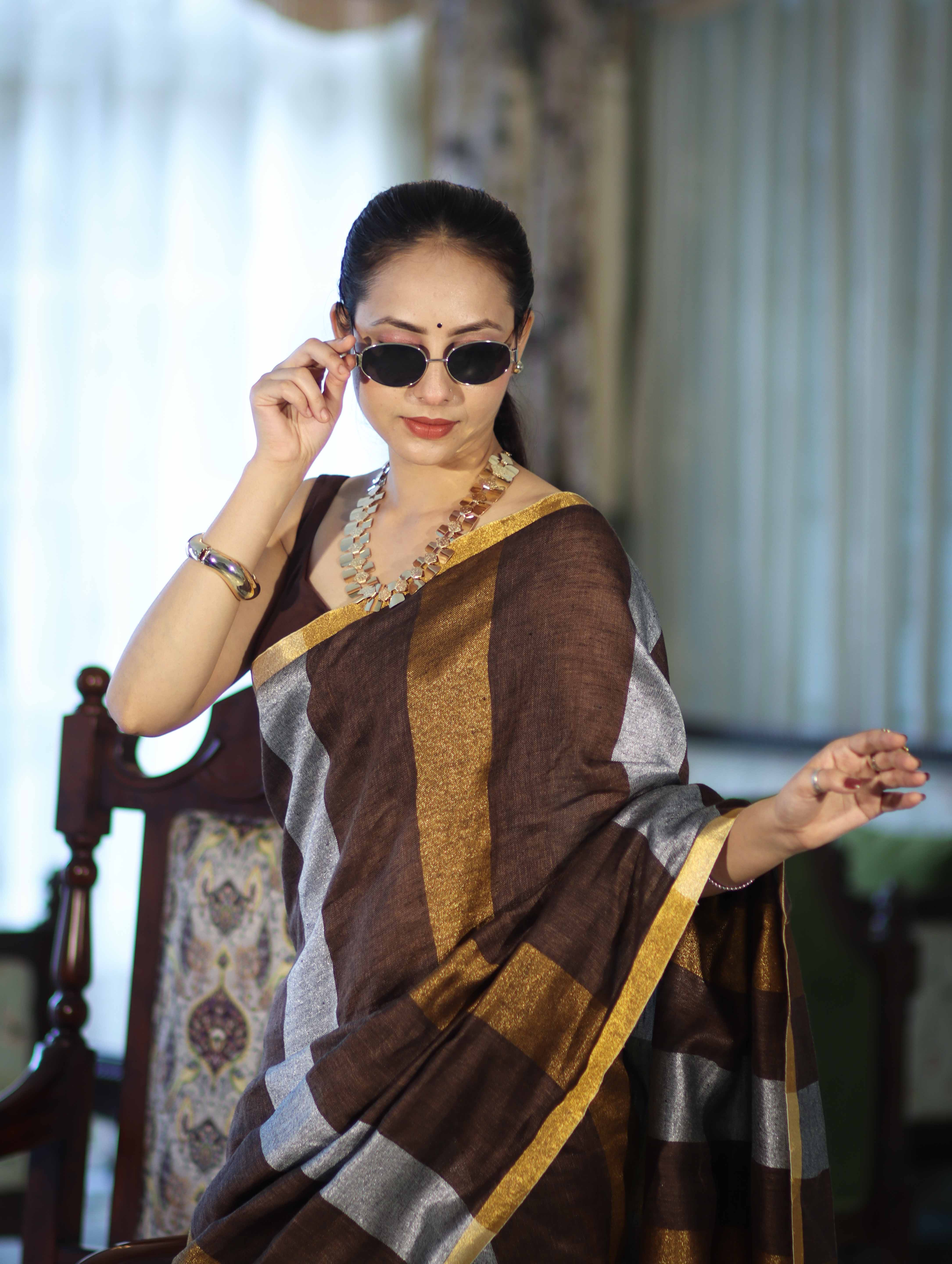 Bhagalpur Handloom Pure Linen Saree With Gold & Silver Stripes-Brown