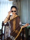 Bhagalpur Handloom Pure Linen Saree With Gold & Silver Stripes-Brown