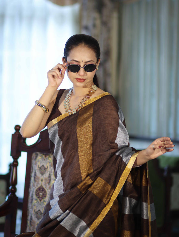 Bhagalpur Handloom Pure Linen Saree With Gold & Silver Stripes-Brown
