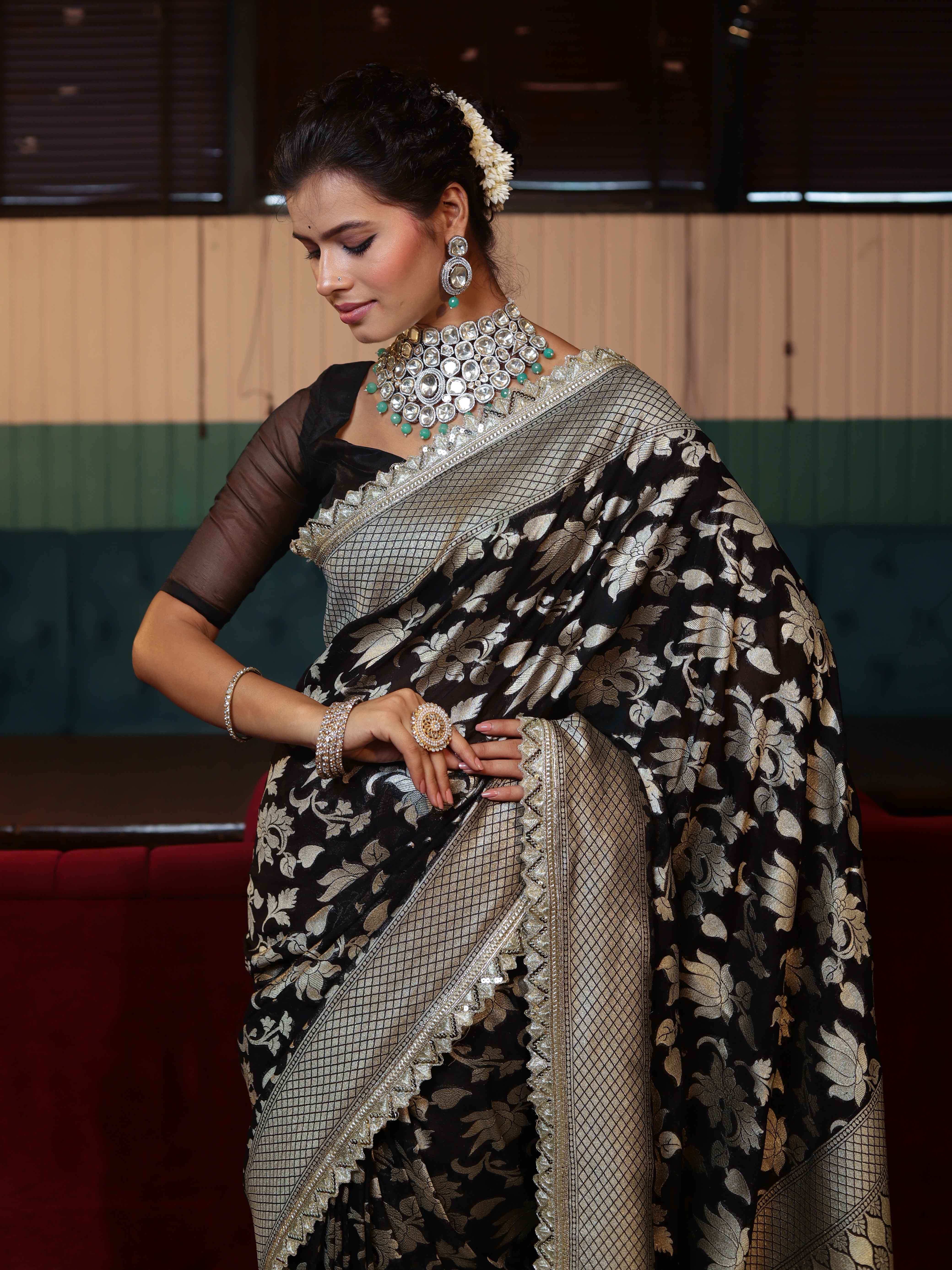 Banarasee Pure Chiffon Saree With Golden Zari Floral Design Border & Lace-Black