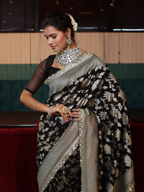 Banarasee Pure Chiffon Saree With Golden Zari Floral Design Border & Lace-Black