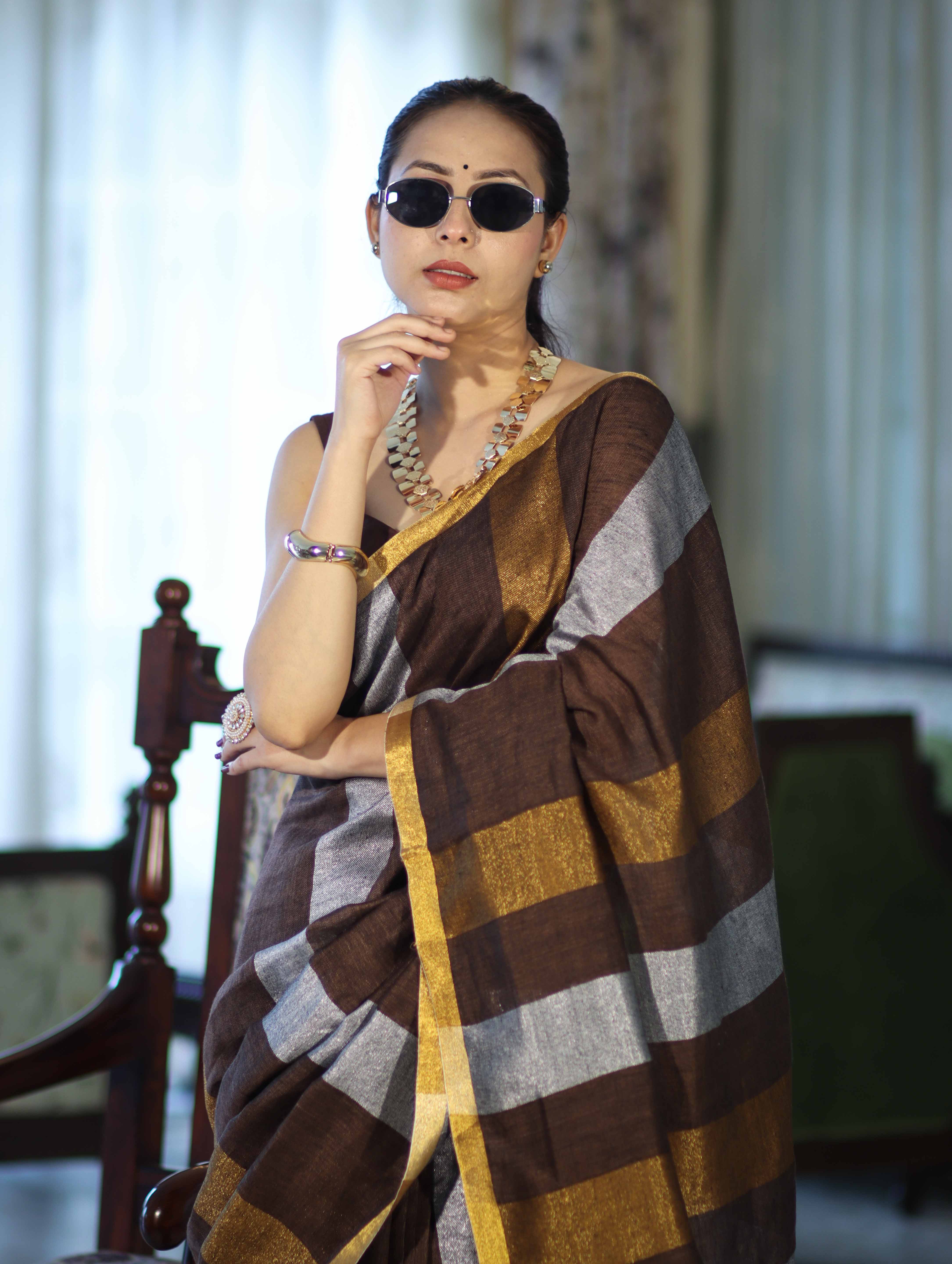 Bhagalpur Handloom Pure Linen Saree With Gold & Silver Stripes-Brown