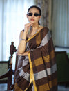 Bhagalpur Handloom Pure Linen Saree With Gold & Silver Stripes-Brown