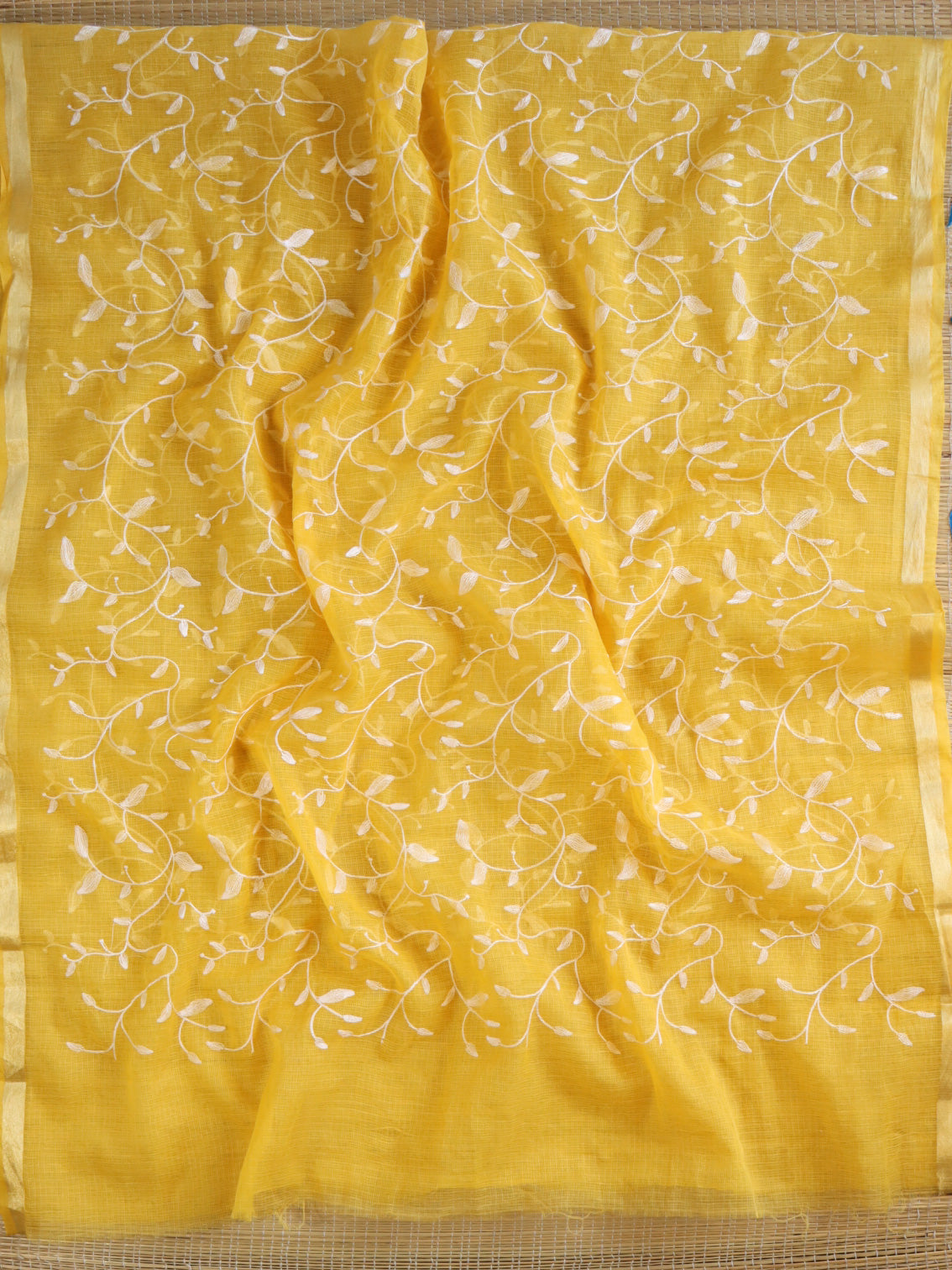 Banarasee Kota Doria Hand-Embroidered Salwar Kameez With Contrast Dupatta Set-White & Yellow