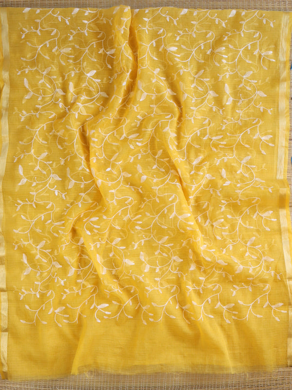 Banarasee Kota Doria Hand-Embroidered Salwar Kameez With Contrast Dupatta Set-White & Yellow