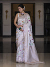 Banarasee Handloom Mashru Silk Saree With Jaal Design & Lace Border-Off White