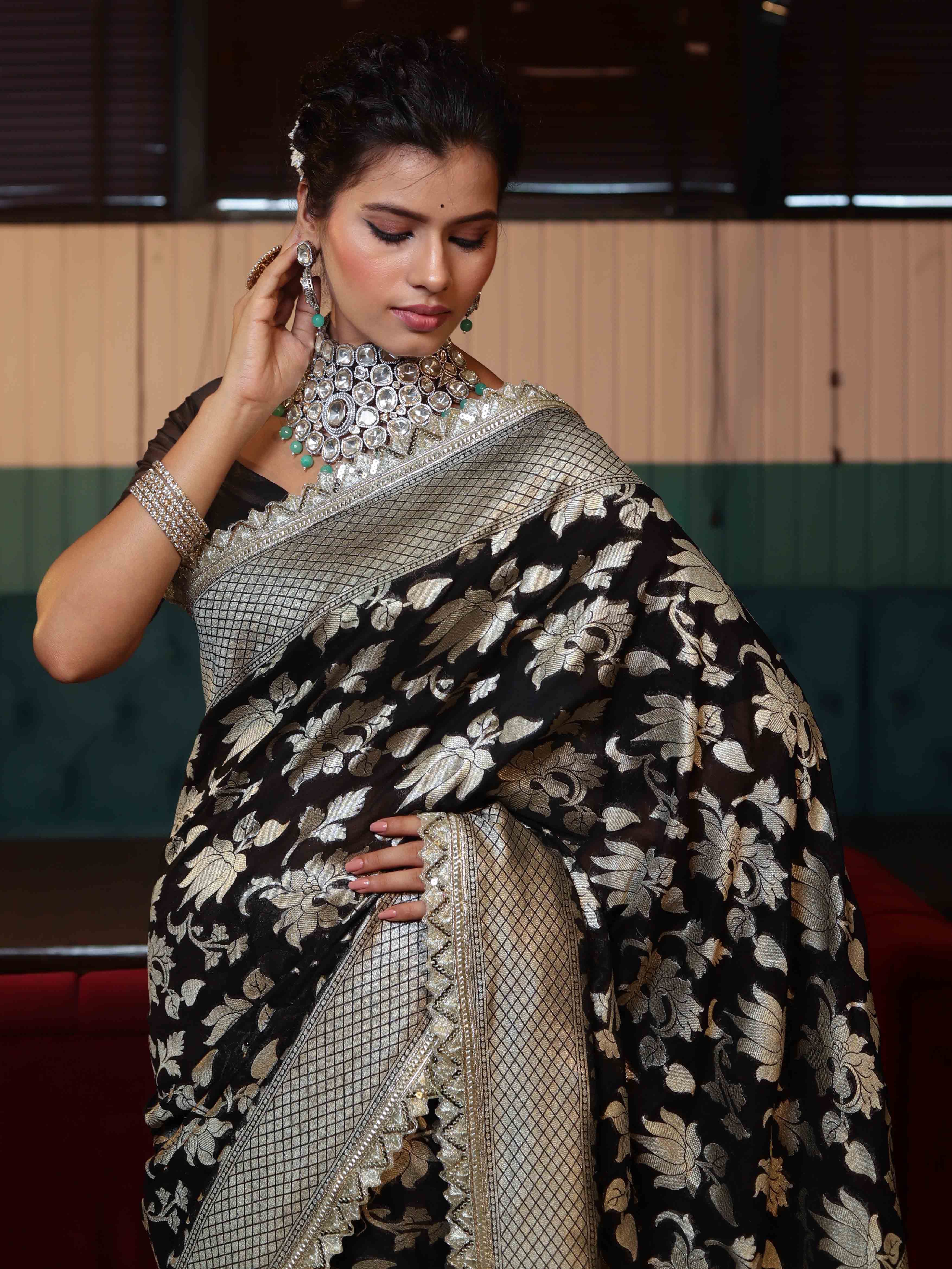 Banarasee Pure Chiffon Saree With Golden Zari Floral Design Border & Lace-Black