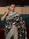 Banarasee Pure Chiffon Saree With Golden Zari Floral Design Border & Lace-Black