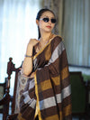Bhagalpur Handloom Pure Linen Saree With Gold & Silver Stripes-Brown