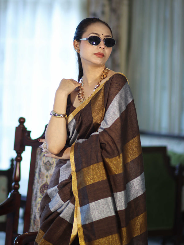Bhagalpur Handloom Pure Linen Saree With Gold & Silver Stripes-Brown