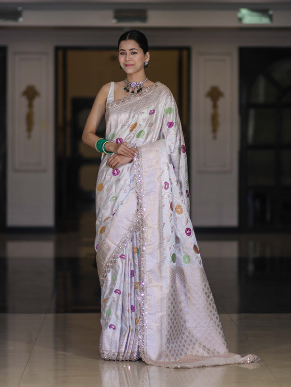 Banarasee Handloom Mashru Silk Saree With Jaal Design & Lace Border-Off White