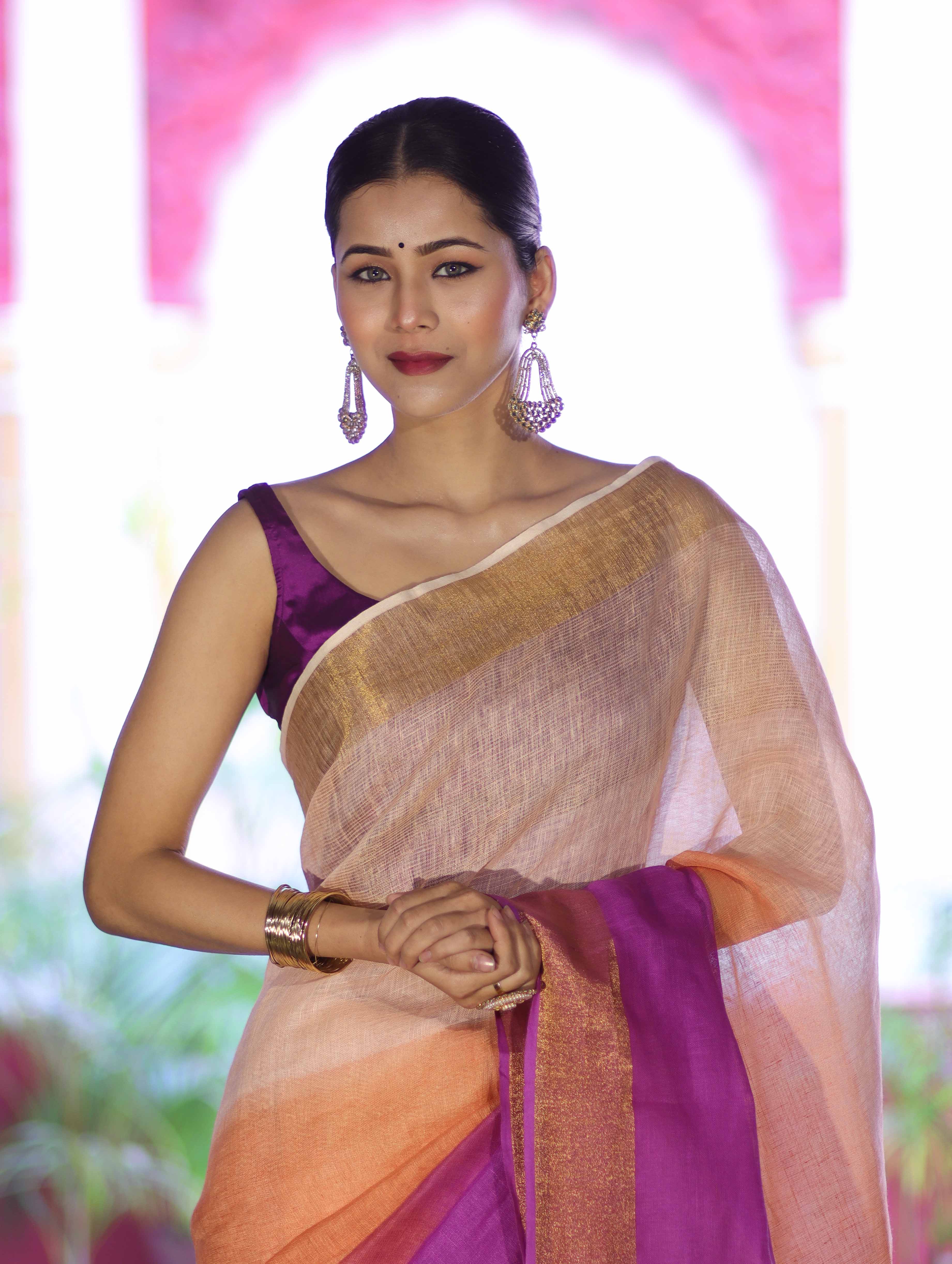 Banarasee Handloom Pure Linen Saree With Gold Zari Border-Multicolor