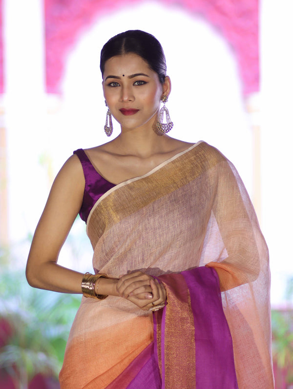 Banarasee Handloom Pure Linen Saree With Gold Zari Border-Multicolor