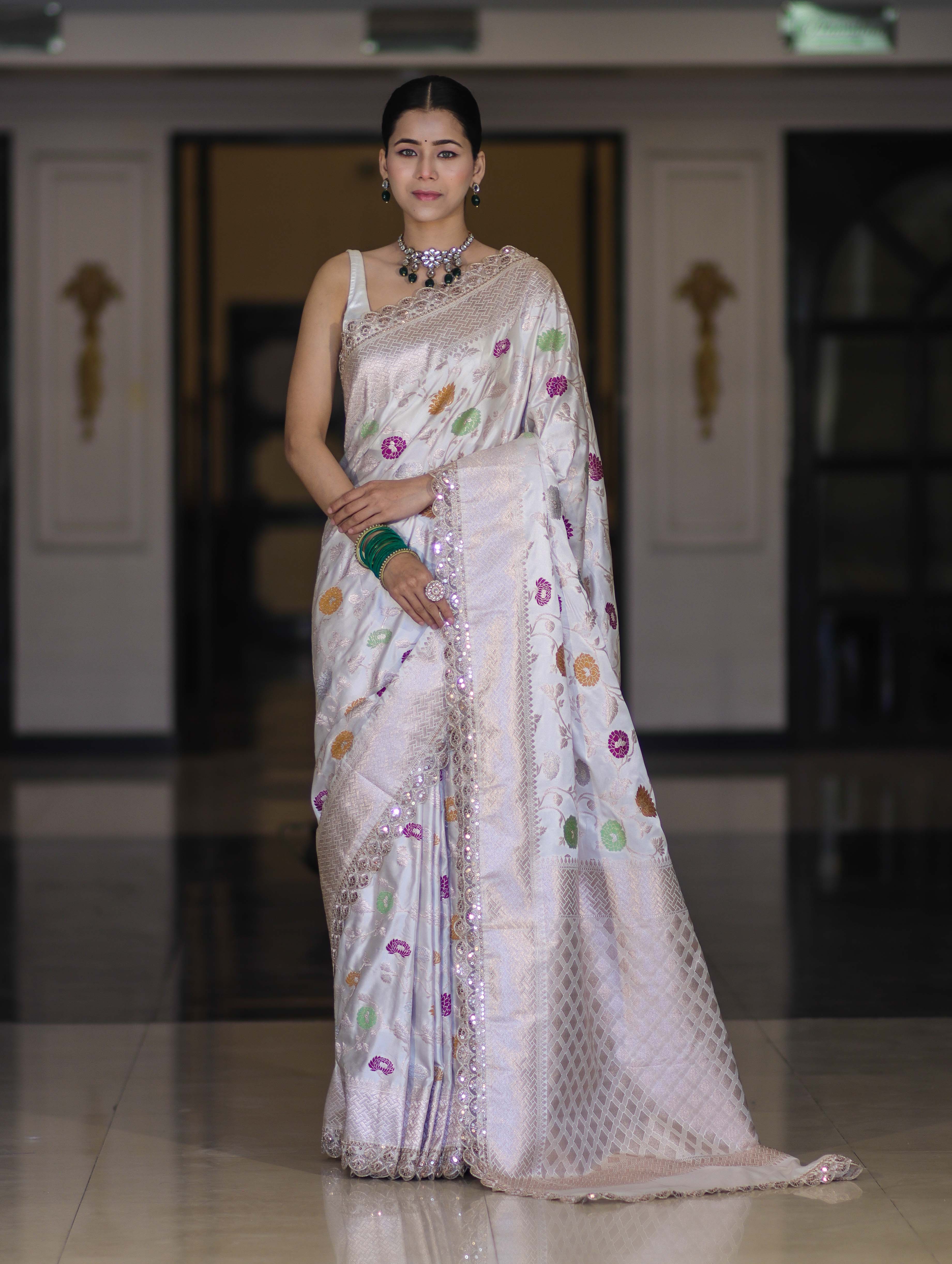 Banarasee Handloom Mashru Silk Saree With Jaal Design & Lace Border-Off White