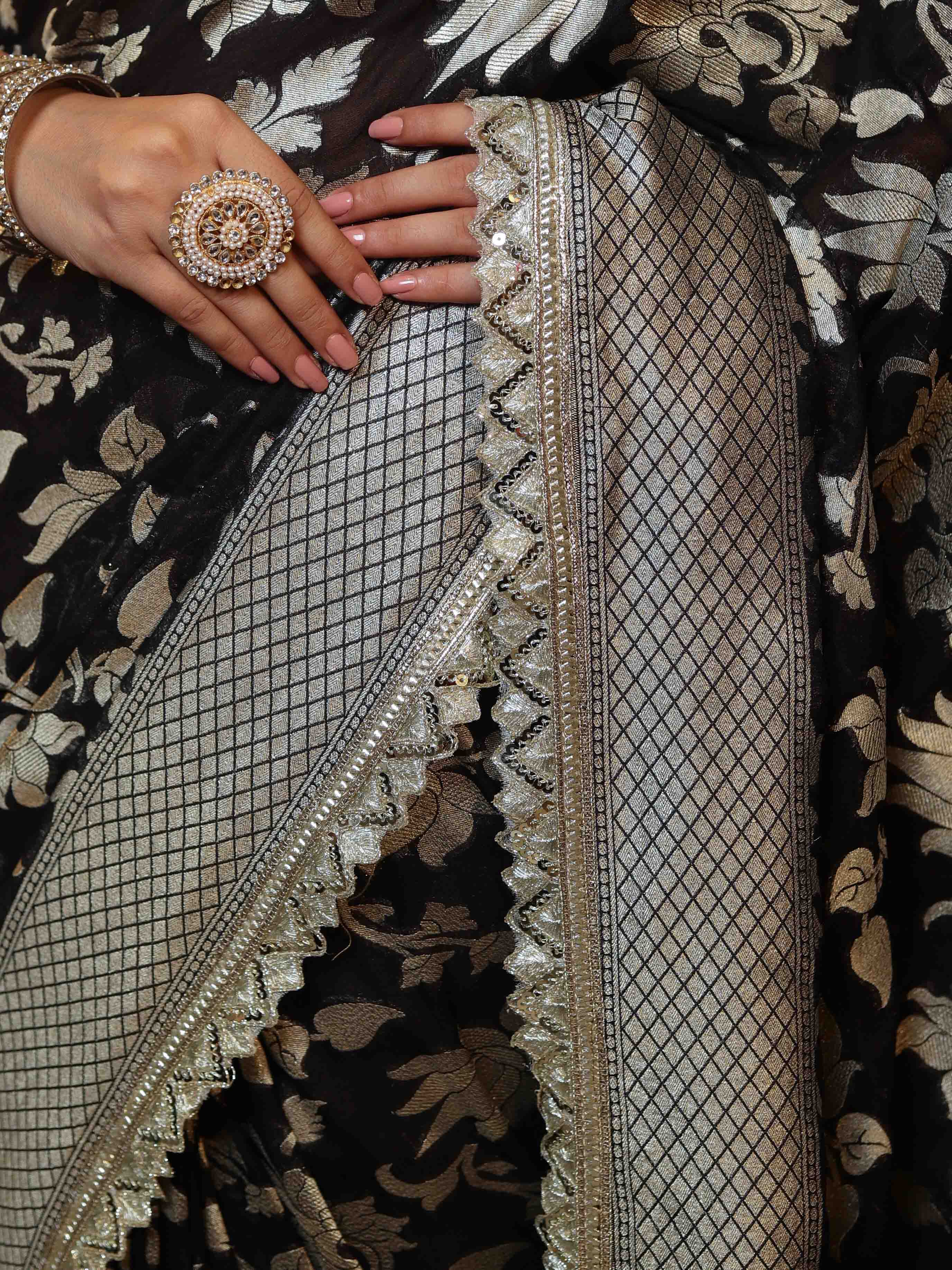 Banarasee Pure Chiffon Saree With Golden Zari Floral Design Border & Lace-Black