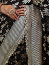 Banarasee Pure Chiffon Saree With Golden Zari Floral Design Border & Lace-Black