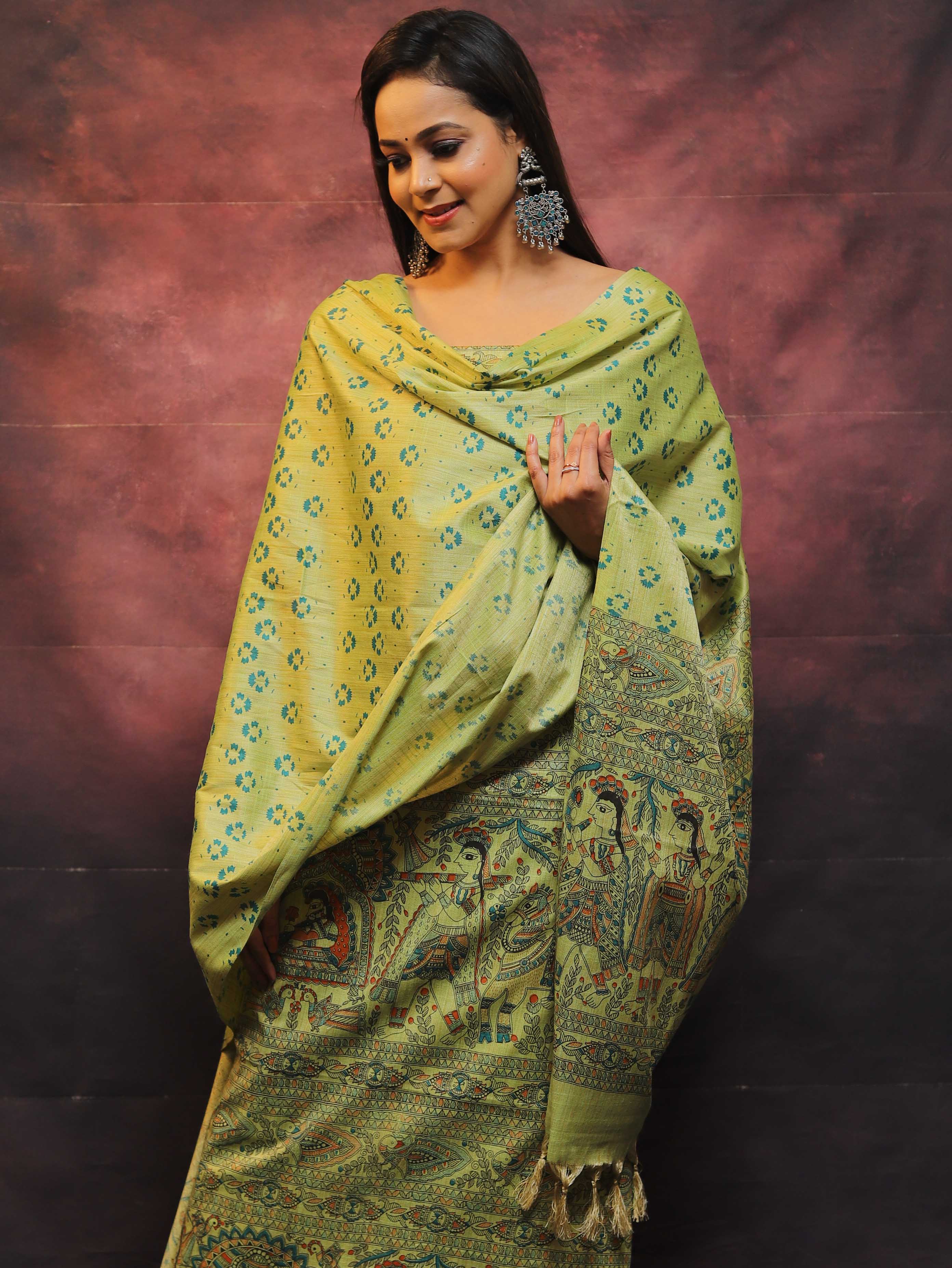 Pure Handloom Khadi Cotton Madhubani Print Salwar Kameez Dupatta Set-Green
