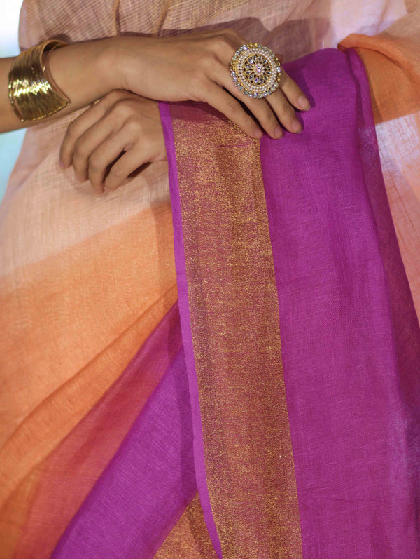 Banarasee Handloom Pure Linen Saree With Gold Zari Border-Multicolor