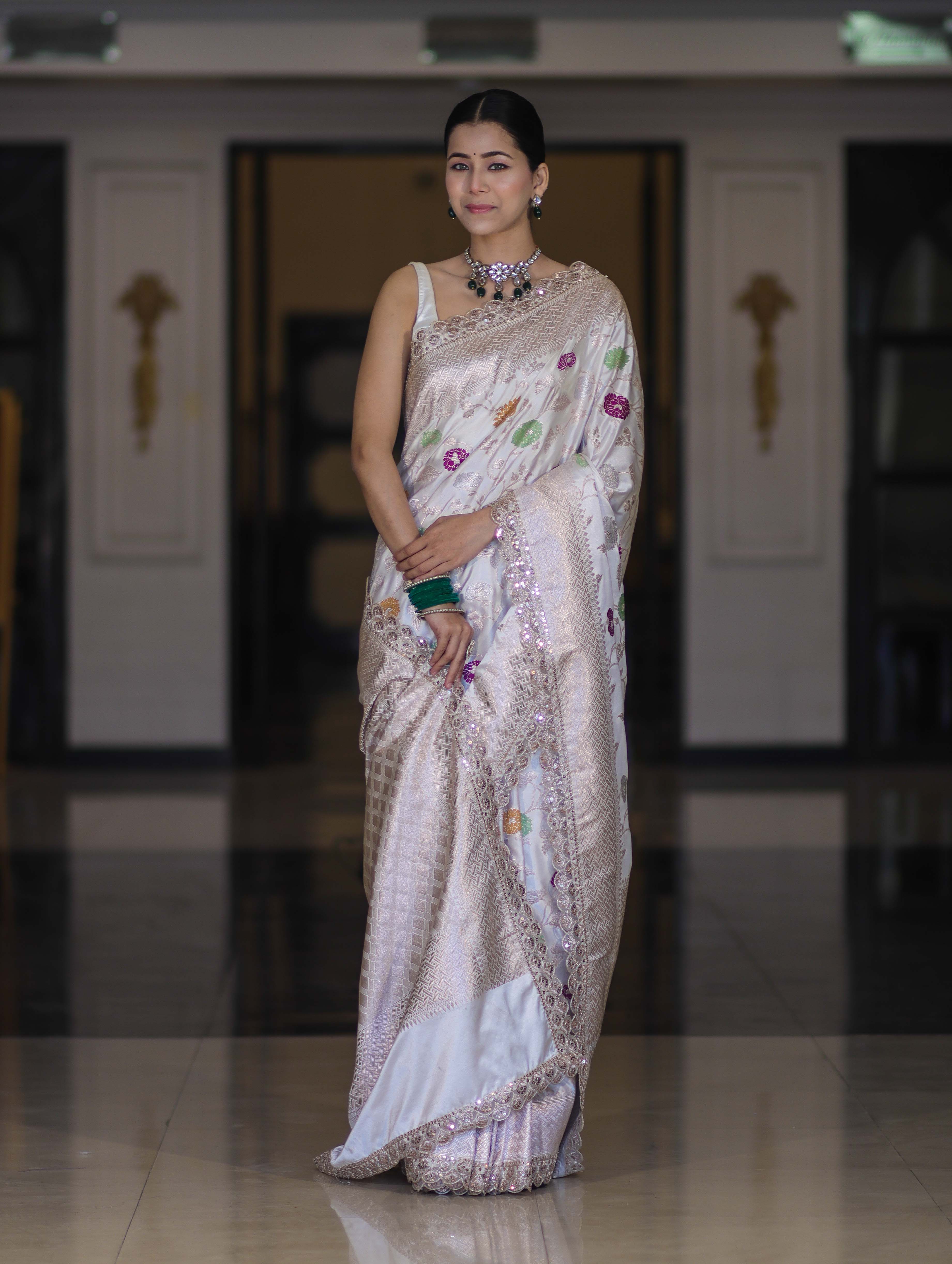 Banarasee Handloom Mashru Silk Saree With Jaal Design & Lace Border-Off White