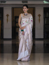 Banarasee Handloom Mashru Silk Saree With Jaal Design & Lace Border-Off White