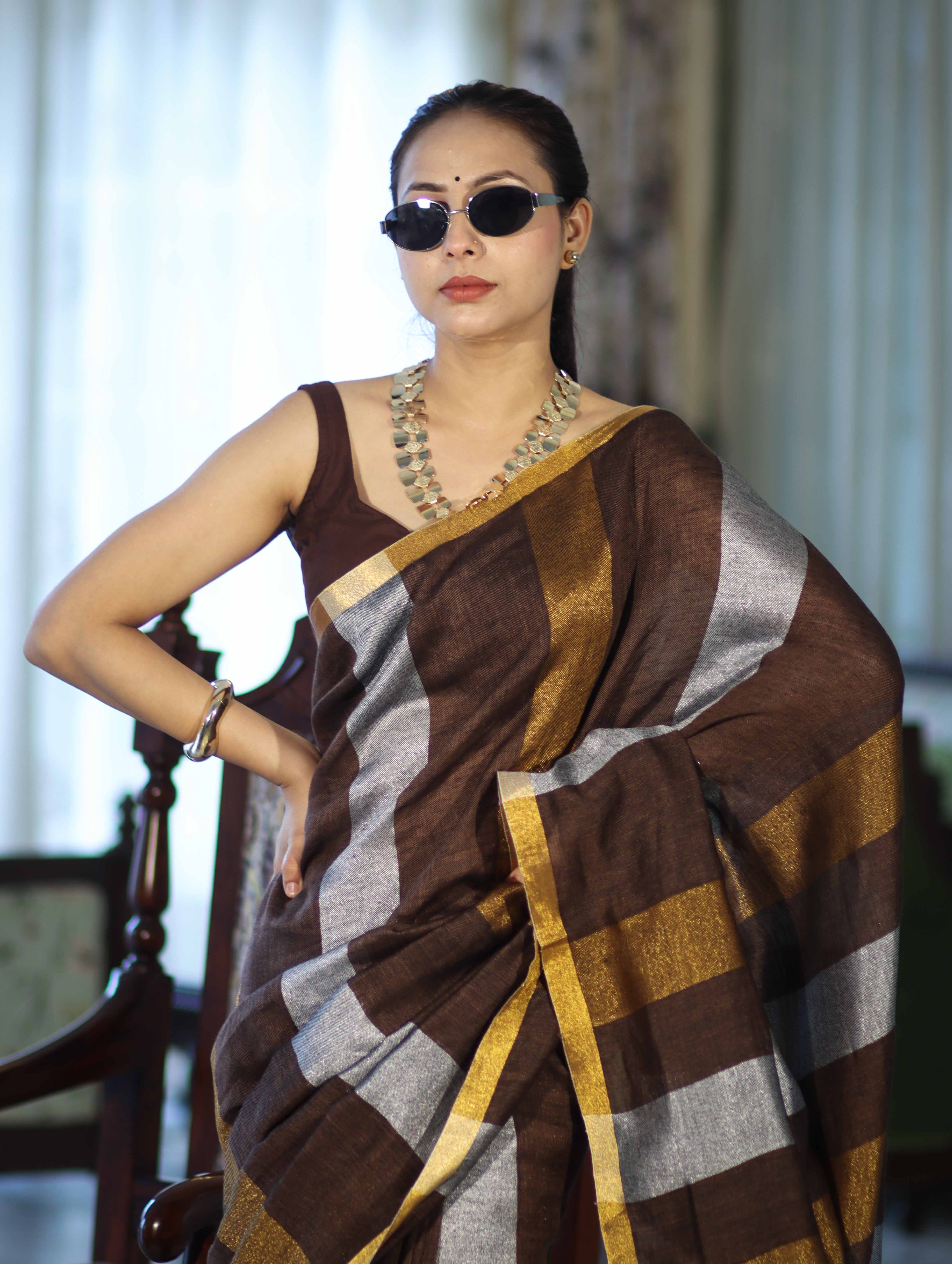 Bhagalpur Handloom Pure Linen Saree With Gold & Silver Stripes-Brown