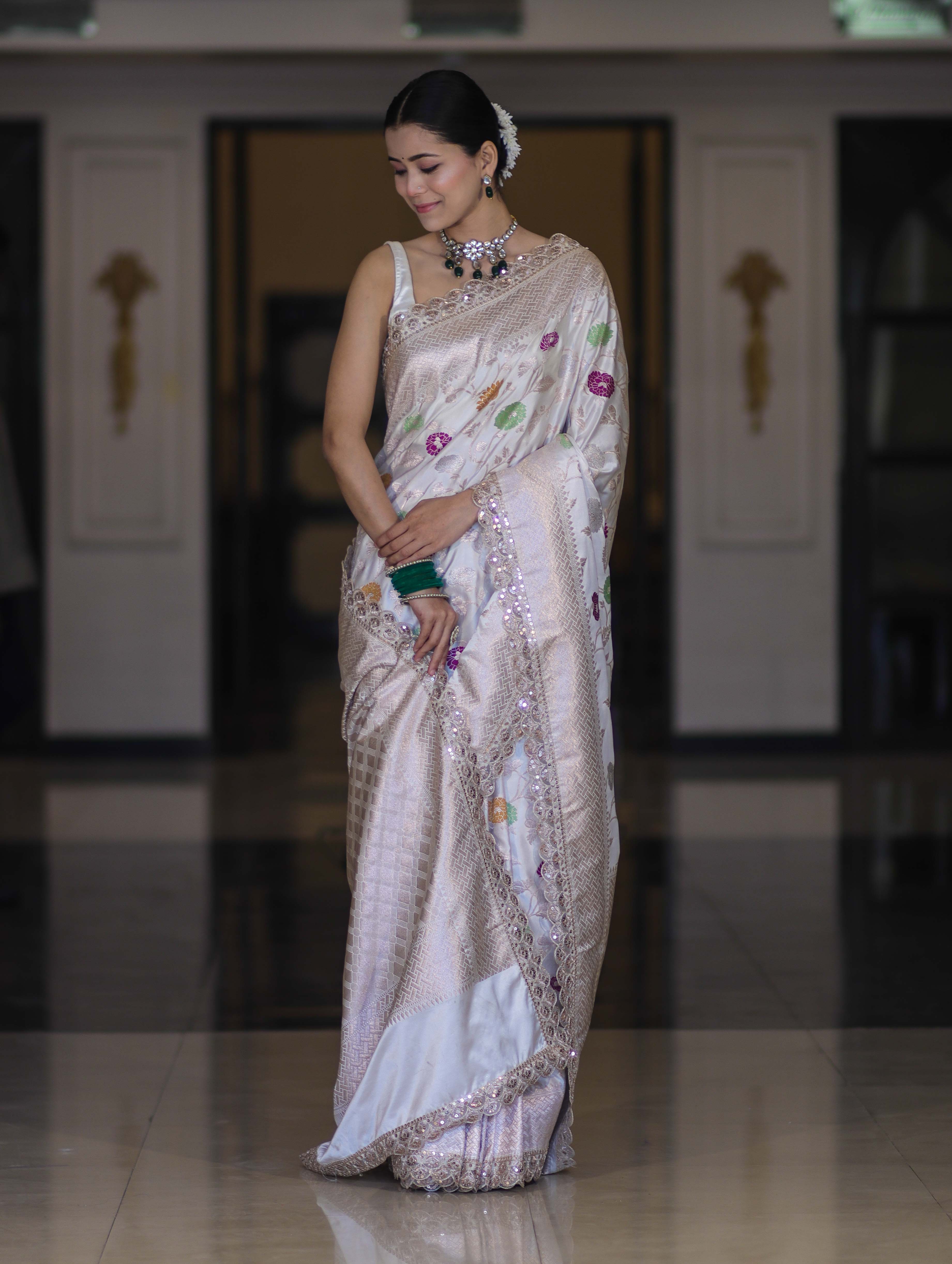 Banarasee Handloom Mashru Silk Saree With Jaal Design & Lace Border-Off White