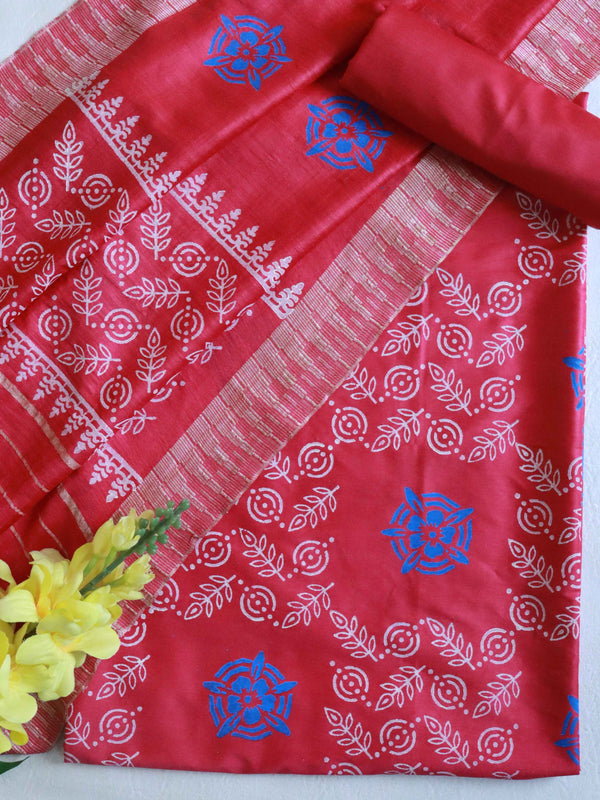 Handloom Block Printed Cotton Silk Salwar Kameez Dupatta Set-Red
