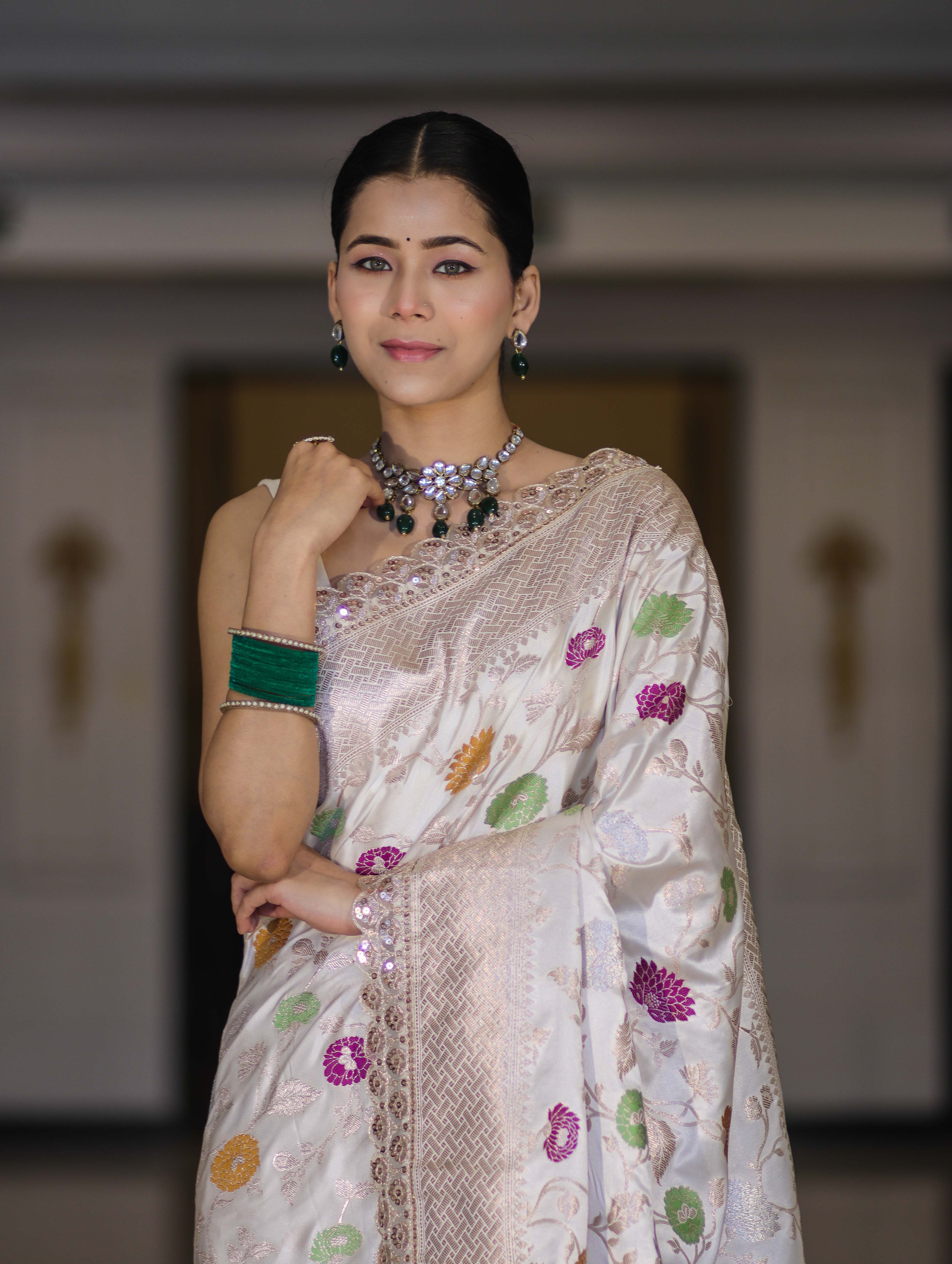 Banarasee Handloom Mashru Silk Saree With Jaal Design & Lace Border-Off White