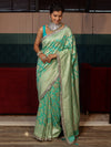 Banarasee Pure Chiffon Saree With Golden Zari Jaal Design Border & Lace-Aqua Green