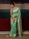 Banarasee Pure Chiffon Saree With Golden Zari Jaal Design Border & Lace-Aqua Green