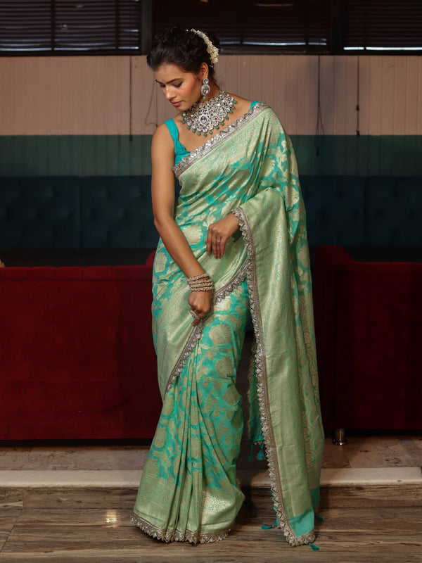 Banarasee Pure Chiffon Saree With Golden Zari Jaal Design Border & Lace-Aqua Green
