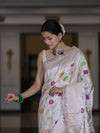 Banarasee Handloom Mashru Silk Saree With Jaal Design & Lace Border-Off White